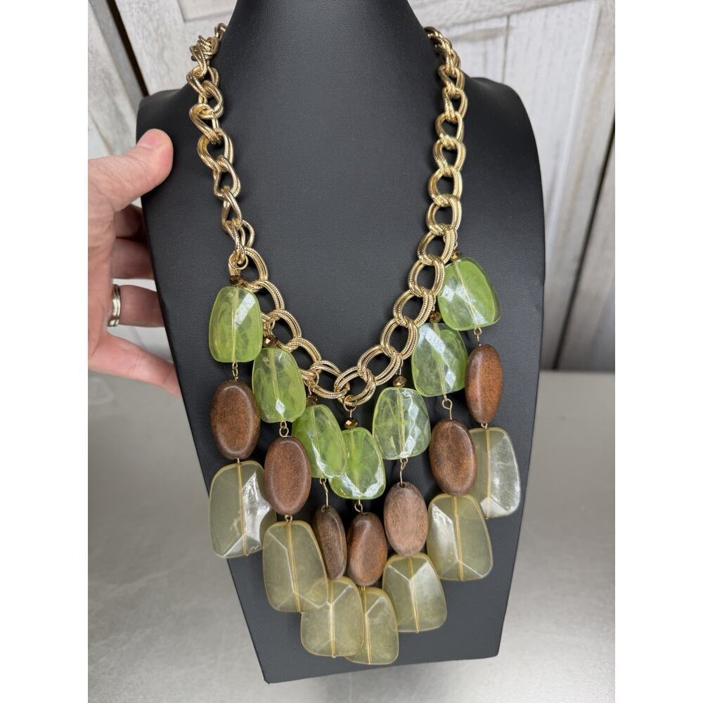 Chandelier Beaded Chunky Chain Necklace Goldtone Greens Browns Statement